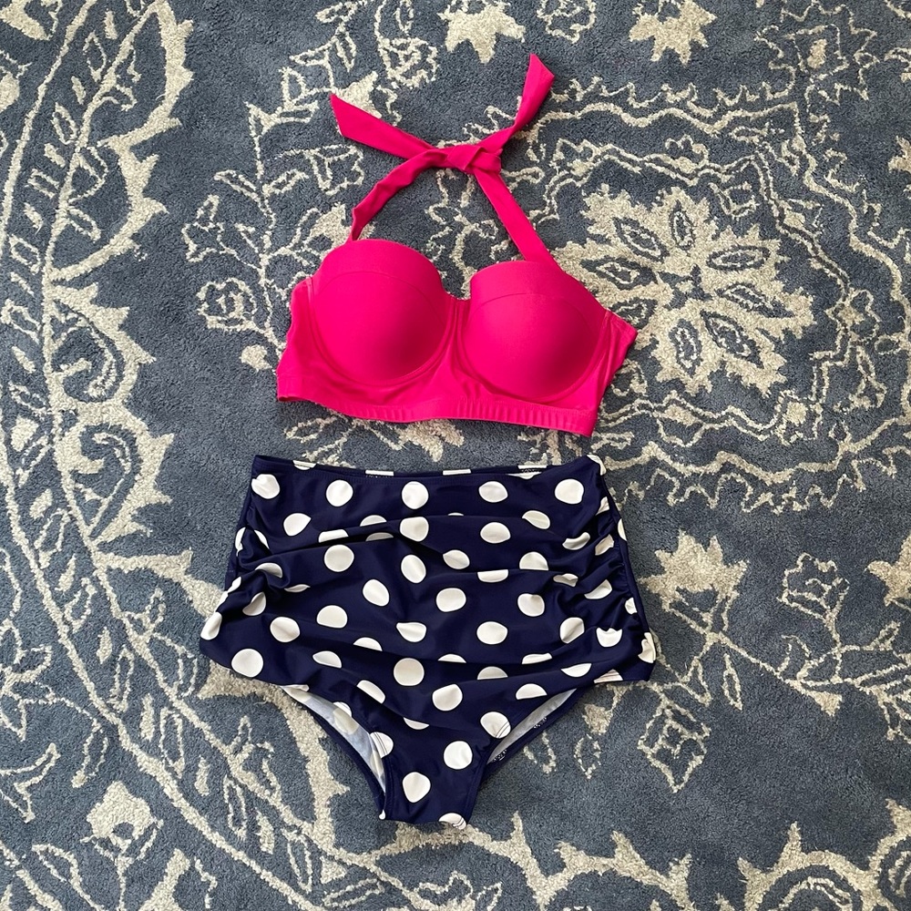 Hot pink and blue/navy polkadot swimsuit, XXL